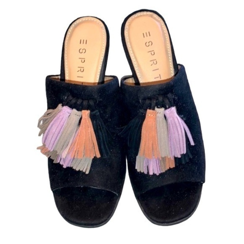 NWOT Espirt Suede Leather Peep Toe Mules With Multi Color Tassels Size 7M